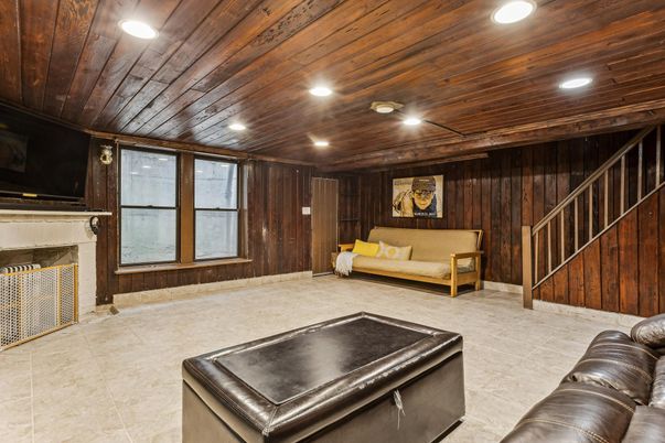 Fireplace, Interior, Living room, Recessed Lighting, Wooden Ceilings, Wooden Walls