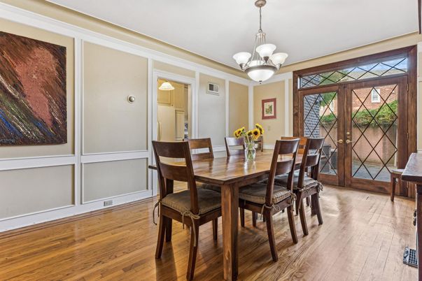 Chandelier, Dining room, Interior, Wood Texture Flooring