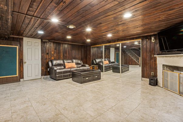 Fireplace, Interior, Living room, Recessed Lighting, Wooden Ceilings, Wooden Walls