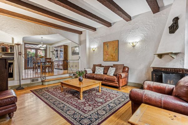 Dining room, Fireplace, Interior, Living room, Pendant Lights, Wooden Beams, Wood Texture Flooring