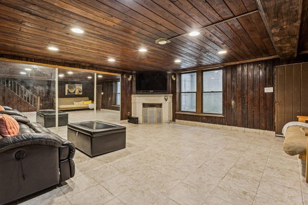 Fireplace, Interior, Recessed Lighting, Wooden Ceilings, Wooden Walls