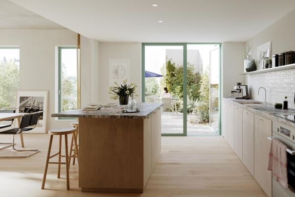 Fireplace, Interior, Kitchen, Recessed Lighting, Wood Texture Flooring