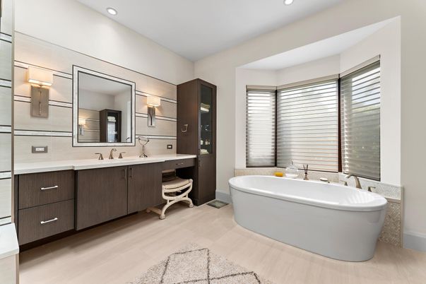Bathroom, Dual Sink Vanities, Free Standing Baths, Interior, Recessed Lighting, Wood Texture Flooring