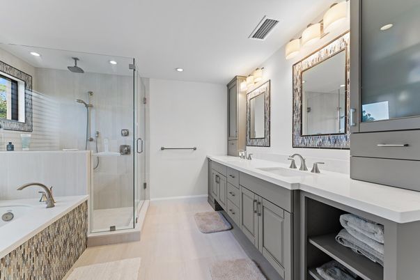 Bathroom, Dual Sink Vanities, Glass Shower, Interior, Recessed Lighting