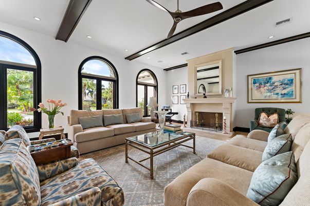 Fireplace, Interior, Living room, Recessed Lighting, Wooden Beams