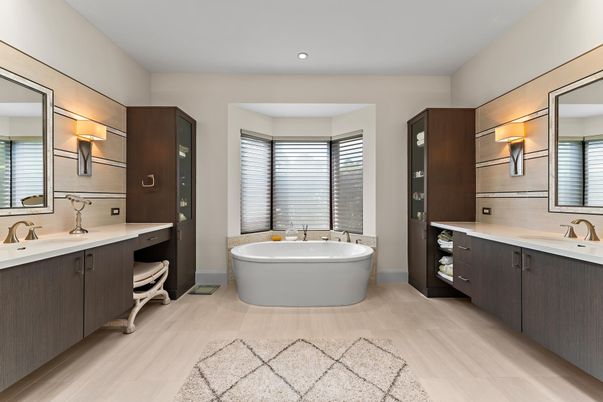 Bathroom, Dual Sink Vanities, Free Standing Baths, Interior, Recessed Lighting, Wood Texture Flooring