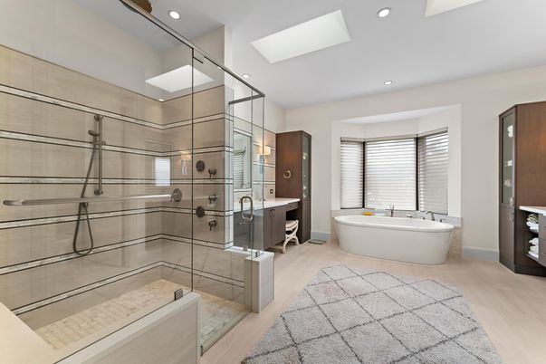Bathroom, Free Standing Baths, Glass Shower, Interior, Recessed Lighting, Wood Texture Flooring