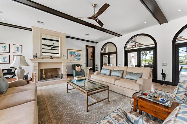 Fireplace, Interior, Living room, Recessed Lighting, Wooden Beams