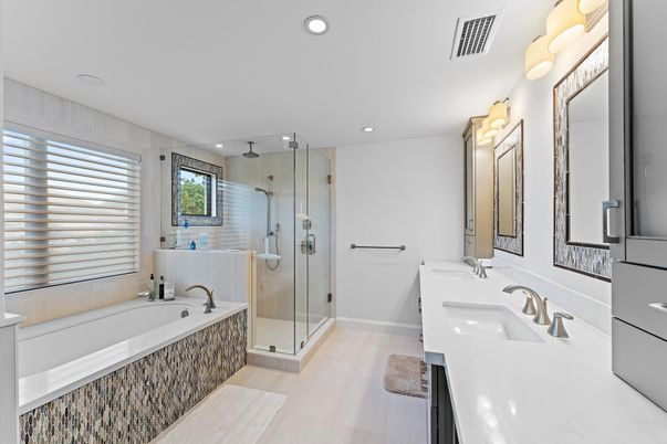 Bathroom, Dual Sink Vanities, Glass Shower, Interior, Recessed Lighting