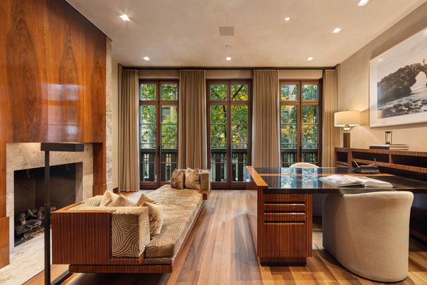 Fireplace, Home Office, Interior, Living room, Recessed Lighting, Wood Texture Flooring