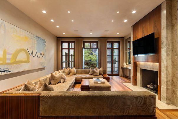 Fireplace, Interior, Living room, Recessed Lighting, Wood Texture Flooring