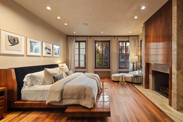 Bedroom, Fireplace, Interior, Recessed Lighting, Wood Texture Flooring