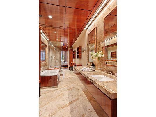 Bathroom, Dual Sink Vanities, Interior, Recessed Lighting, Wooden Ceilings