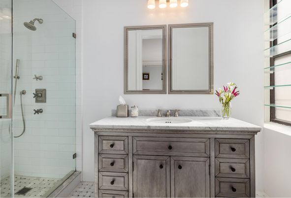 Bathroom, Dual Sink Vanities, Glass Shower, Interior, Tile Countertops
