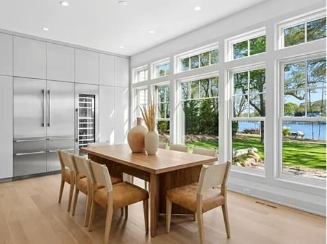 Dining room, Interior, Kitchen, Recessed Lighting, Stainless Steel Appliances, Wood Texture Flooring