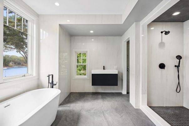 Bathroom, Free Standing Baths, Glass Shower, Interior, Recessed Lighting