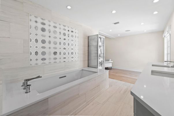 Bathroom, Dual Sink Vanities, Interior, Recessed Lighting, Wood Texture Flooring