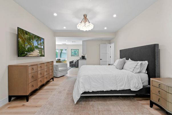 Bedroom, Chandelier, Interior, Recessed Lighting, Wood Texture Flooring