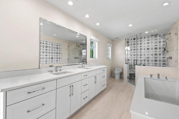 Bathroom, Dual Sink Vanities, Glass Shower, Interior, Marble, Recessed Lighting