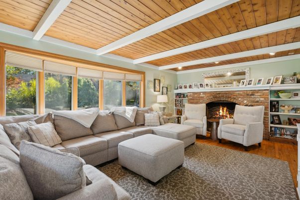 Fireplace, Interior, Living room, Stone Walls, Wooden Ceilings, Wood Texture Flooring