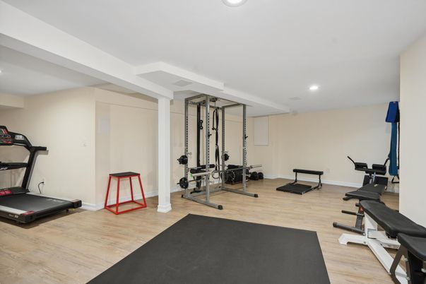 Fitness Equipment, Gym, Interior, Recessed Lighting, Wood Texture Flooring