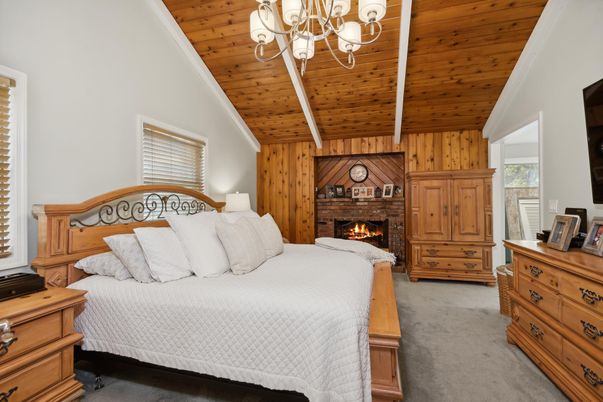 Bedroom, Chandelier, Fireplace, Interior, Wooden Ceilings, Wooden Walls