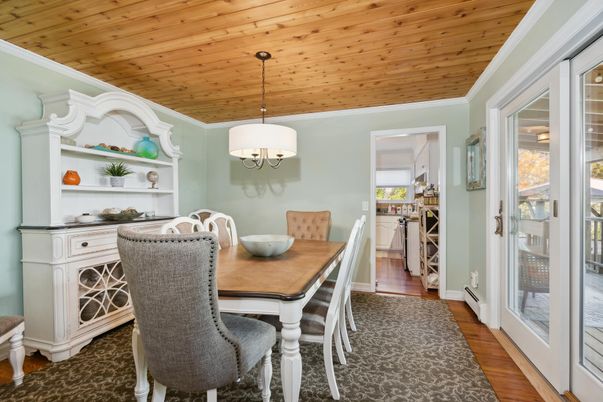 Dining room, Interior, Pendant Lights, Wooden Ceilings, Wood Texture Flooring