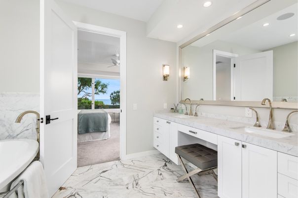 Bathroom, Dual Sink Vanities, Interior, Marble, Recessed Lighting
