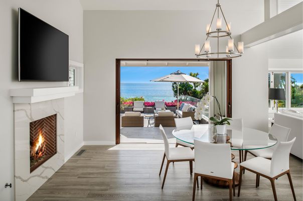 Dining room, Fireplace, Interior, Pendant Lights, Water, Wood Texture Flooring