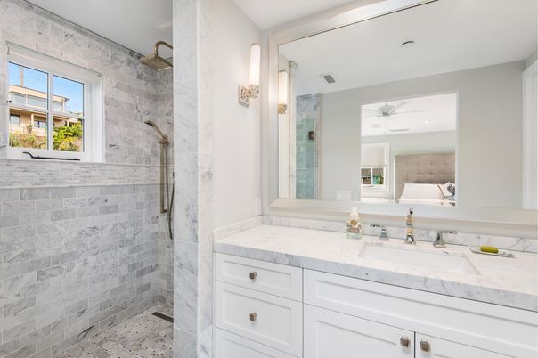 Bathroom, Glass Shower, Interior, Recessed Lighting, Stone Walls