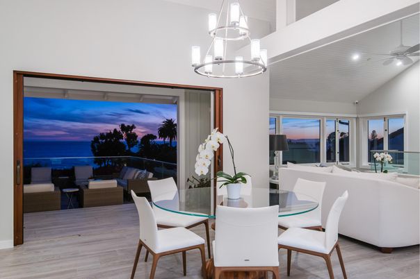 Dining room, Interior, Living room, Pendant Lights, Recessed Lighting, Wood Texture Flooring