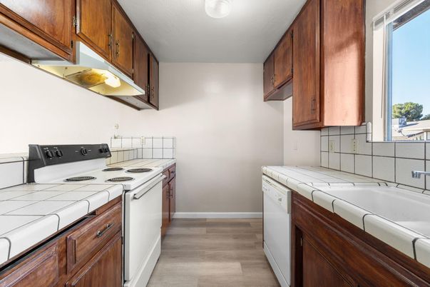 Interior, Kitchen, Tile Countertops, Wood Texture Flooring