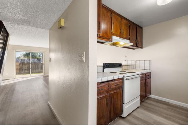 Interior, Kitchen, Tile Countertops, Wood Texture Flooring