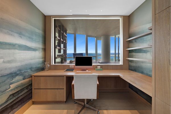 Home Office, Interior, Recessed Lighting, Water, Wood Texture Flooring