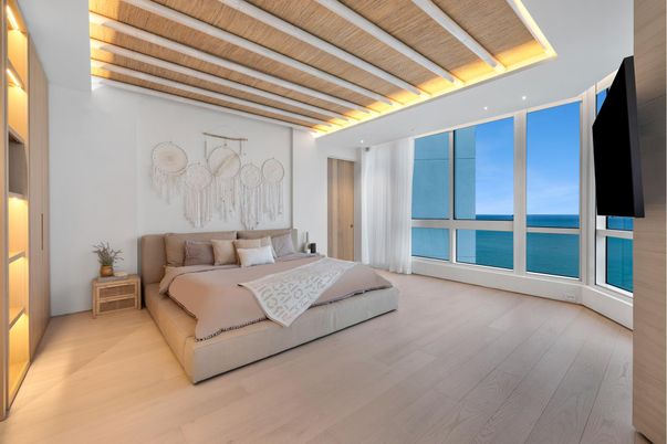 Bedroom, Interior, Recessed Lighting, Water, Wooden Beams, Wooden Ceilings, Wood Texture Flooring
