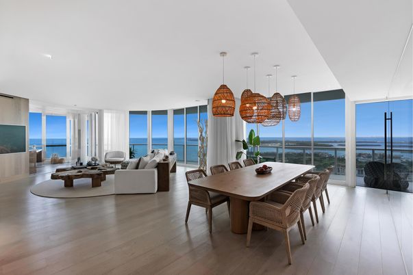 Dining room, Interior, Living room, Pendant Lights, Water, Wood Texture Flooring
