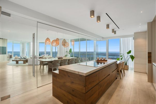Dining room, Interior, Kitchen, Pendant Lights, Recessed Lighting, Water, Wood Texture Flooring