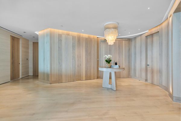 Chandelier, Empty room, Interior, Recessed Lighting, Wood Texture Flooring