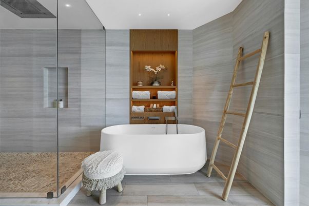 Bathroom, Free Standing Baths, Interior, Recessed Lighting, Wood Texture Flooring