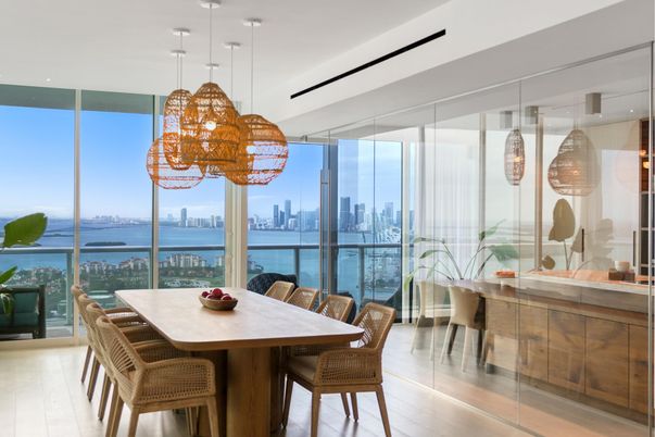 Dining room, Interior, Pendant Lights, Water, Wood Texture Flooring