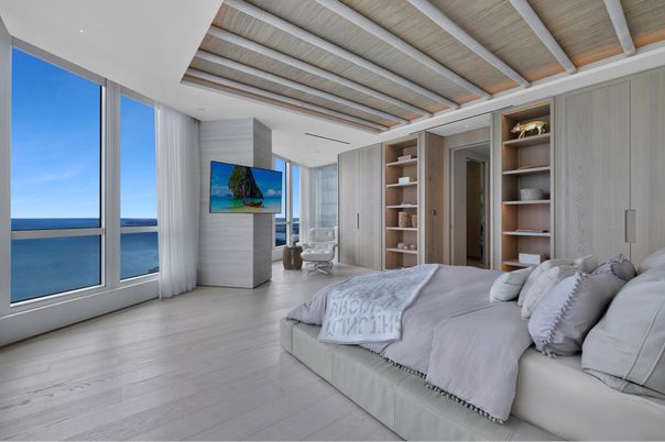 Bedroom, Interior, Recessed Lighting, Water, Wooden Beams, Wooden Ceilings, Wood Texture Flooring