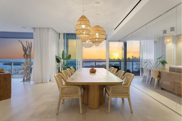 Chandelier, Dining room, Interior, Pendant Lights, Recessed Lighting, Water, Wood Texture Flooring
