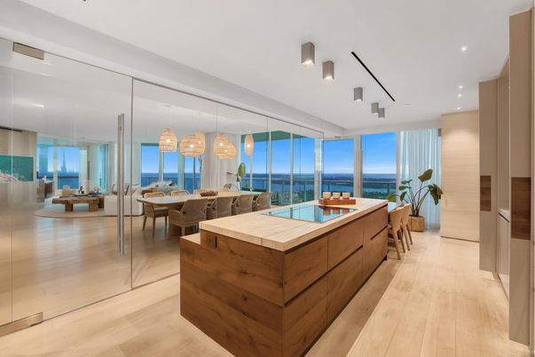 Dining room, Interior, Kitchen, Pendant Lights, Recessed Lighting, Water, Wood Texture Flooring