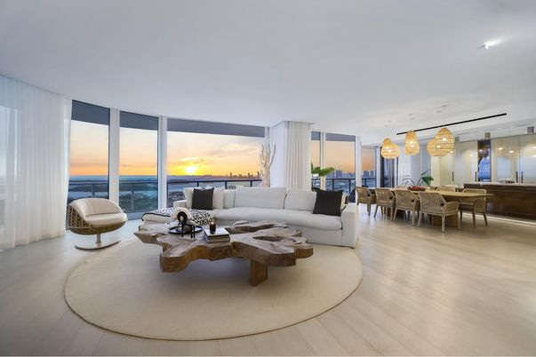 Dining room, Interior, Living room, Pendant Lights, Water, Wood Texture Flooring