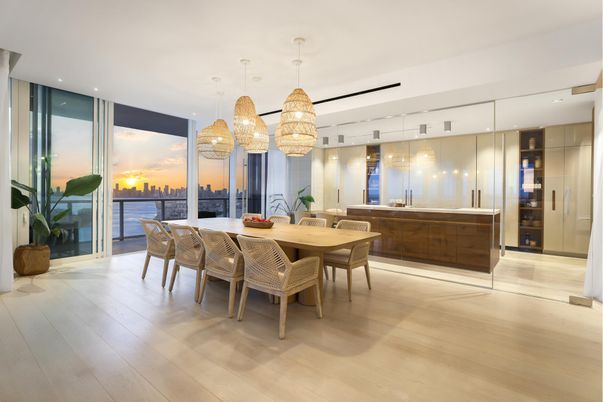 Dining room, Interior, Pendant Lights, Recessed Lighting, Water, Wood Texture Flooring