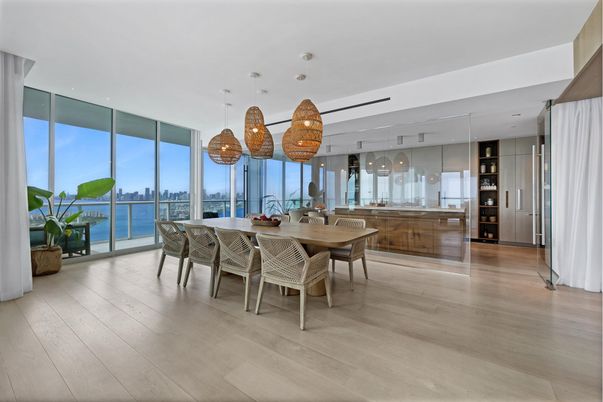Dining room, Interior, Pendant Lights, Water, Wood Texture Flooring