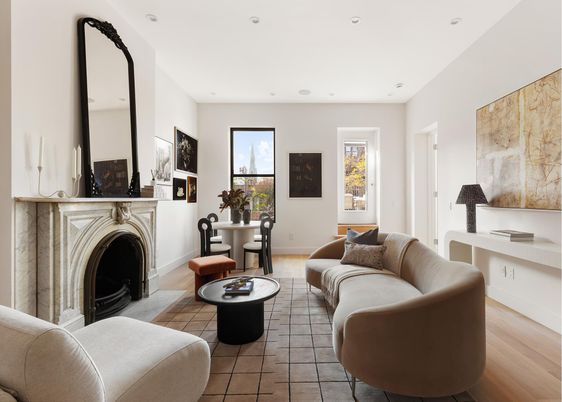 Dining room, Fireplace, Interior, Living room, Recessed Lighting, Wood Texture Flooring