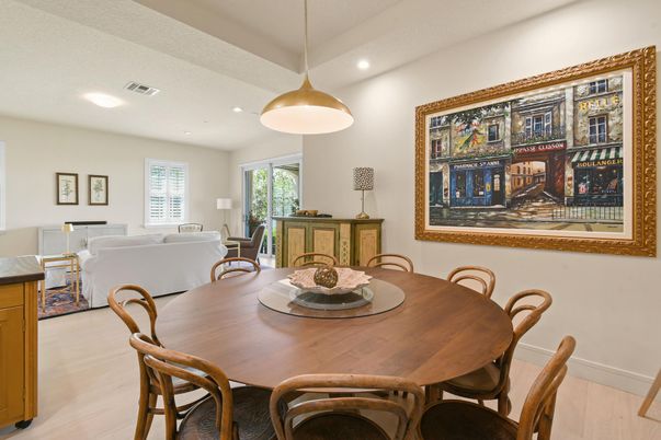 Dining room, Interior, Living room, Pendant Lights, Recessed Lighting, Wood Texture Flooring