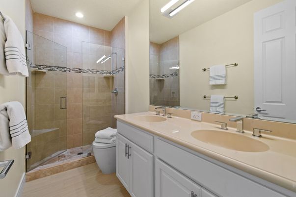 Bathroom, Dual Sink Vanities, Glass Shower, Interior, Recessed Lighting