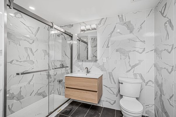 Bathroom, Glass Shower, Interior, Marble Walls, Recessed Lighting